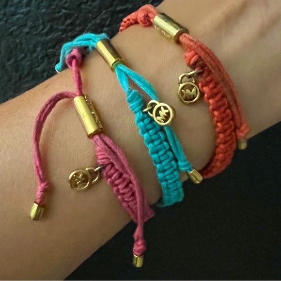 Michael Kors 3 ADJUSTABLE Macrame PINK ORANGE TURQUOISE Pave Fireball Bracelets - Picture 6 of 10